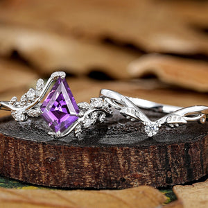 Leaf Floral Kite Cut Purple Sapphire Engagement Rings Set Vintage Nature Inspired Ring - anerjuly