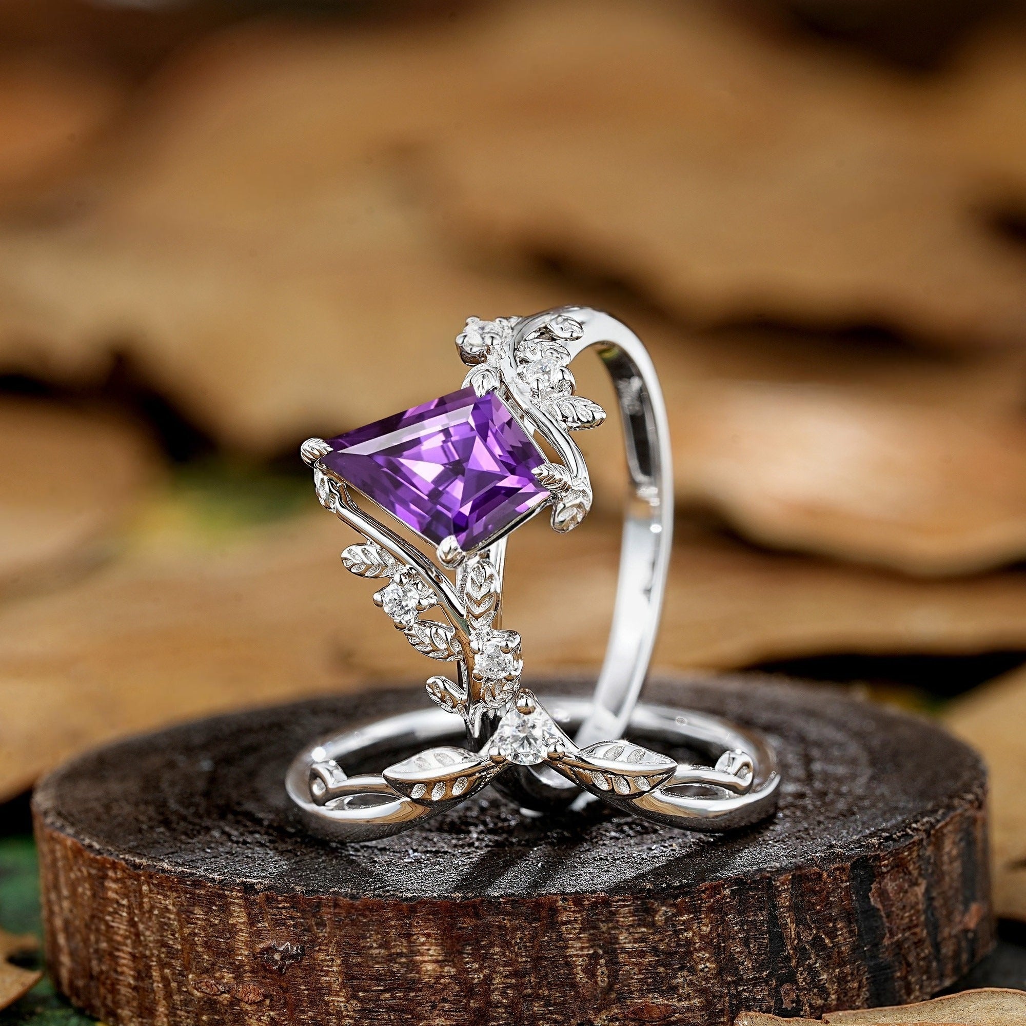Leaf Floral Kite Cut Purple Sapphire Engagement Rings Set Vintage Nature Inspired Ring - anerjuly