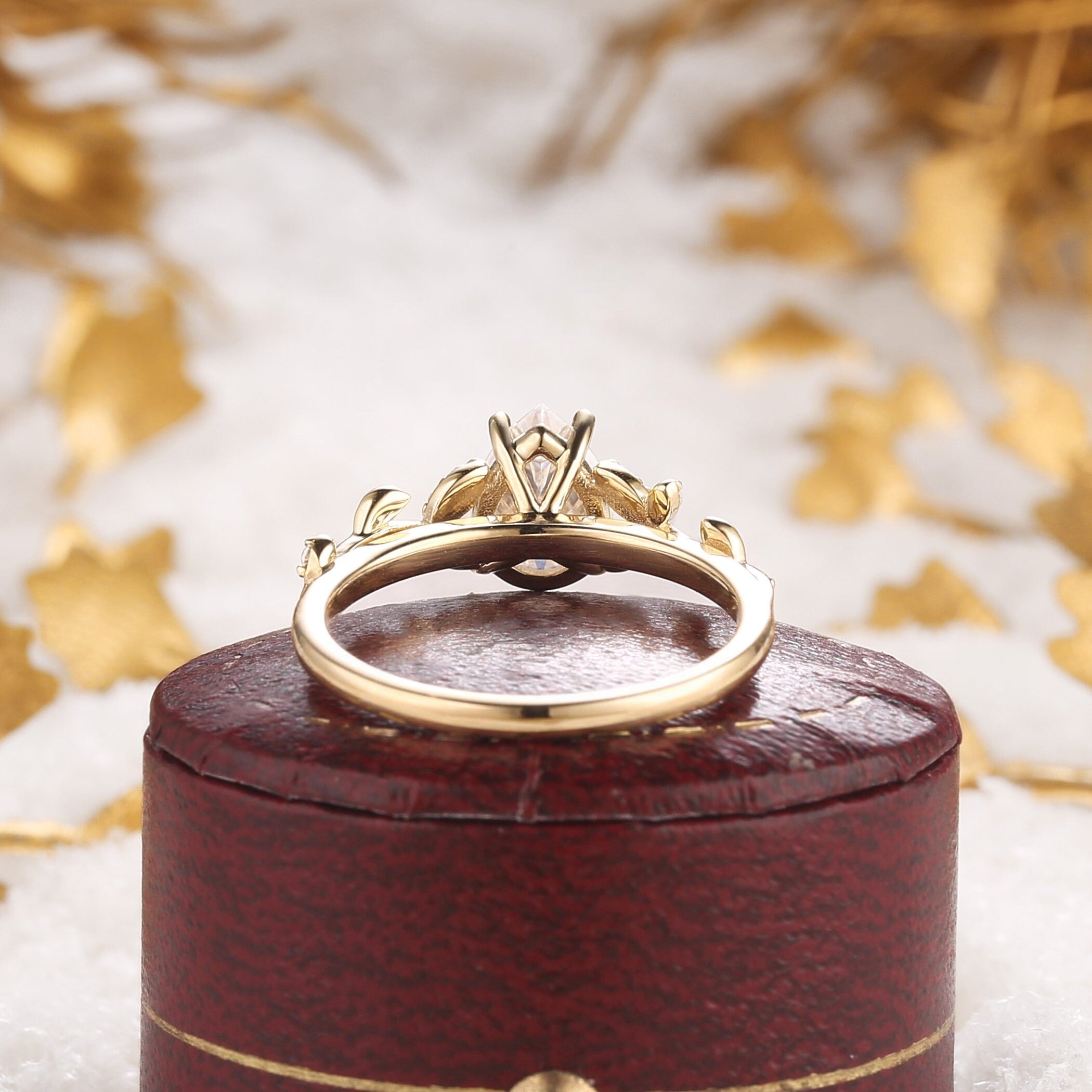 Leaf Moissanite Cluster Engagement Ring Nature Inspired Promise Rings Anniversary gift for Her - anerjuly