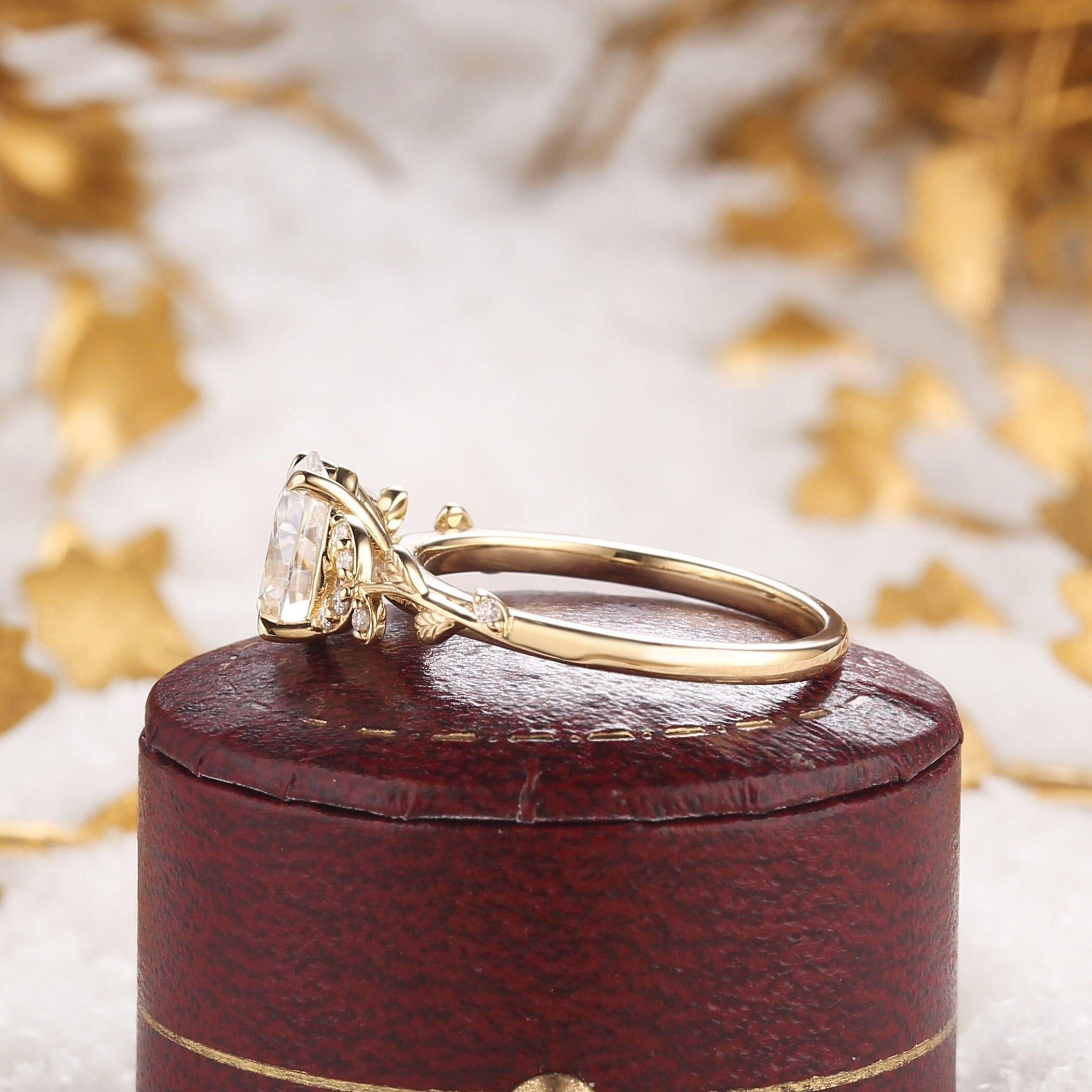 Leaf Moissanite Cluster Engagement Ring Nature Inspired Promise Rings Anniversary gift for Her - anerjuly