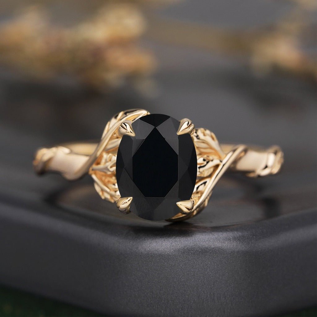 Leaf & Vine Oval Black Onyx Engagement Ring - anerjuly