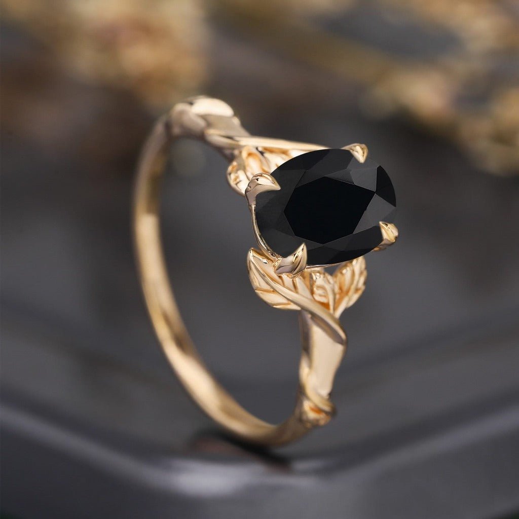Leaf & Vine Oval Black Onyx Engagement Ring - anerjuly