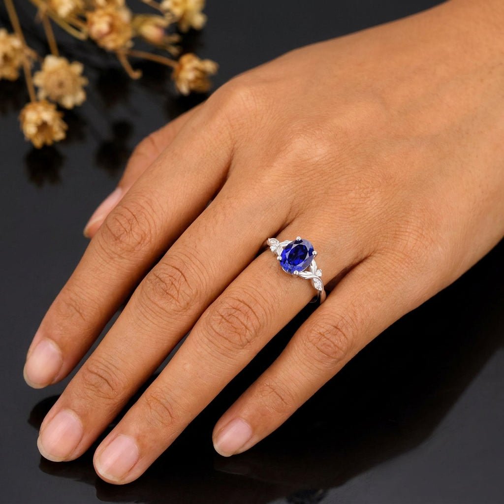 Leaf & Vine Oval Blue Sapphire Engagement Ring - anerjuly