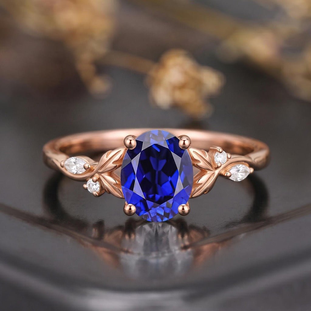 Leaf & Vine Oval Blue Sapphire Engagement Ring - anerjuly