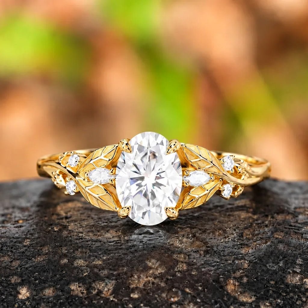 Leaf & Vine Oval White Moissanite Engagement Ring - anerjuly