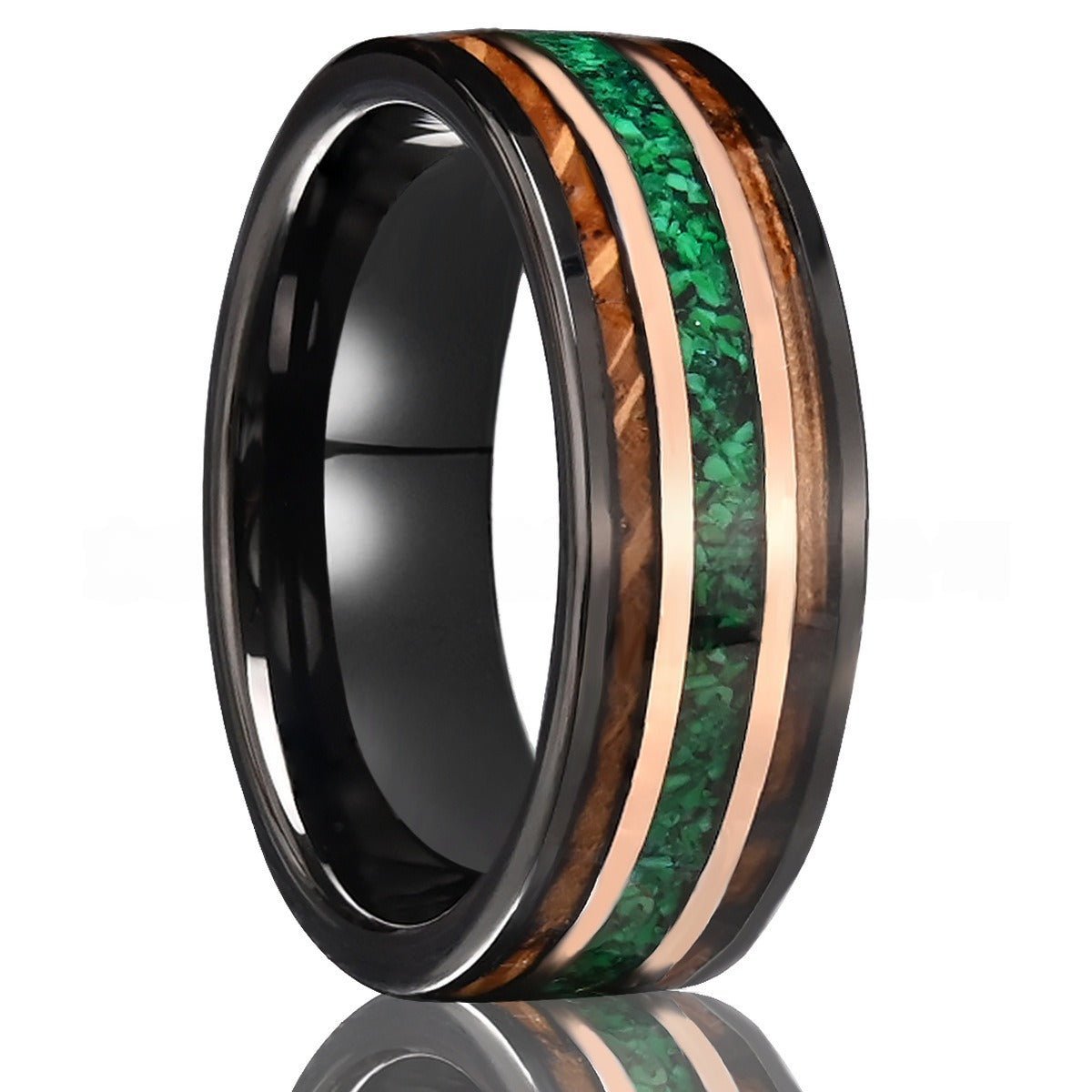 Leaf & Vine Round Emerald and Black Tungsten Couple Ring Set with Green Malachite Inlay - anerjuly