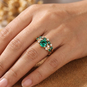 Leaf & Vine Round Emerald and Black Tungsten Couple Ring Set with Green Malachite Inlay - anerjuly
