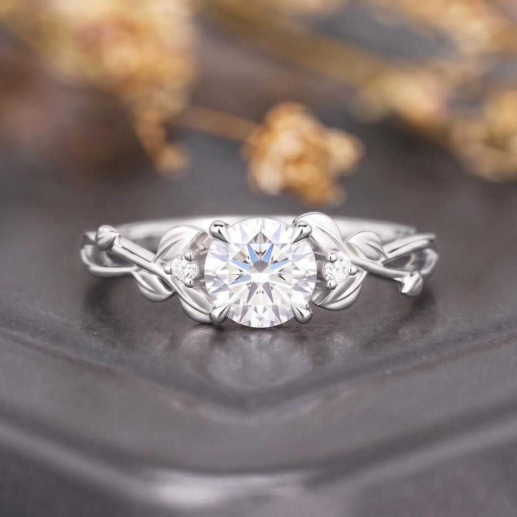 Leaf & Vine Round White Moissanite Engagement Ring - anerjuly