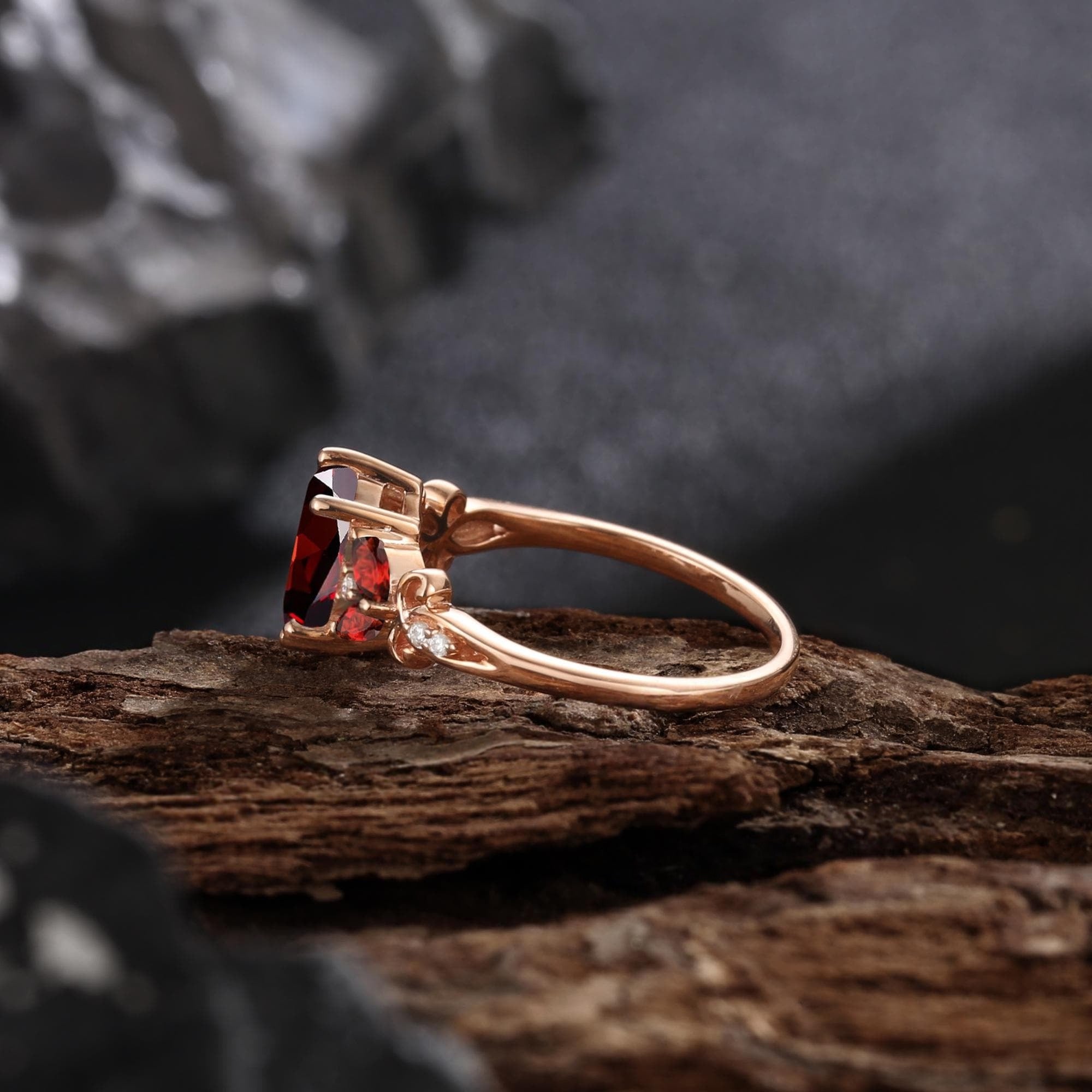 Leaves Angel Wing Ring Band Red Garnet Couple Rings Cluster Ring Nature Inspired Leaf Engagement Ring Set for Women Twig Wedding - anerjuly