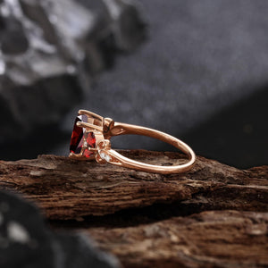 Leaves Angel Wing Ring Band Red Garnet Couple Rings Cluster Ring Nature Inspired Leaf Engagement Ring Set for Women Twig Wedding - anerjuly