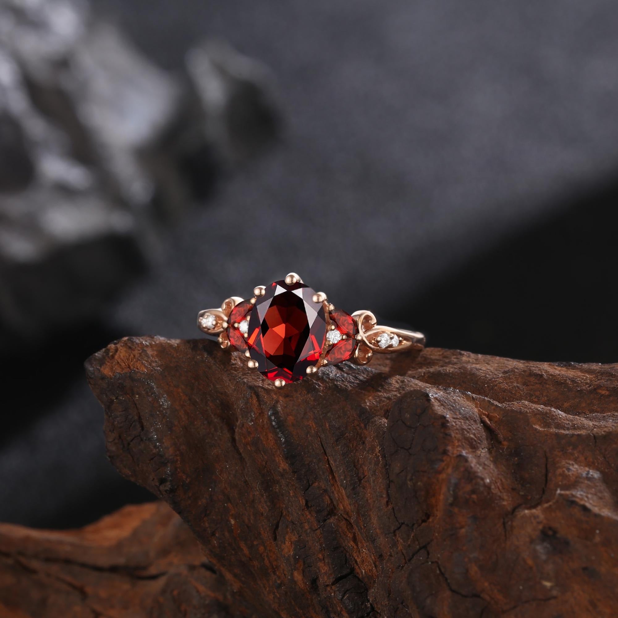 Leaves Angel Wing Ring Band Red Garnet Couple Rings Cluster Ring Nature Inspired Leaf Engagement Ring Set for Women Twig Wedding - anerjuly