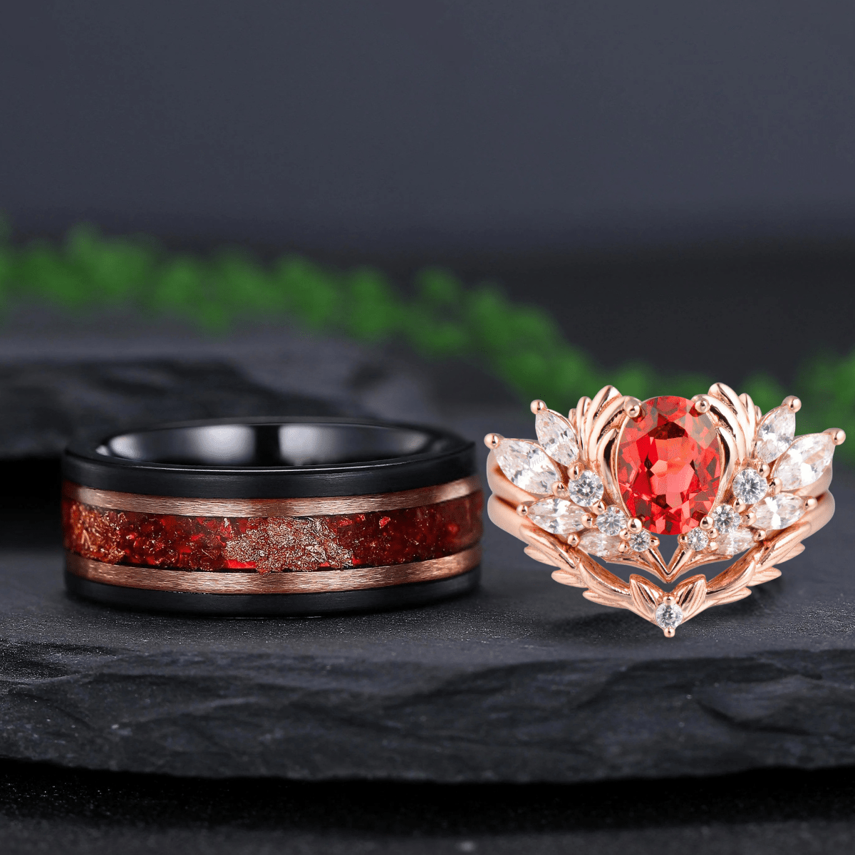 Leaves Angel Wing Ring Band Red Garnet Couple Rings Cluster Ring Nature Inspired Leaf Engagement Ring Set for Women Twig Wedding - anerjuly