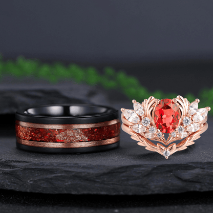 Leaves Angel Wing Ring Band Red Garnet Couple Rings Cluster Ring Nature Inspired Leaf Engagement Ring Set for Women Twig Wedding - anerjuly