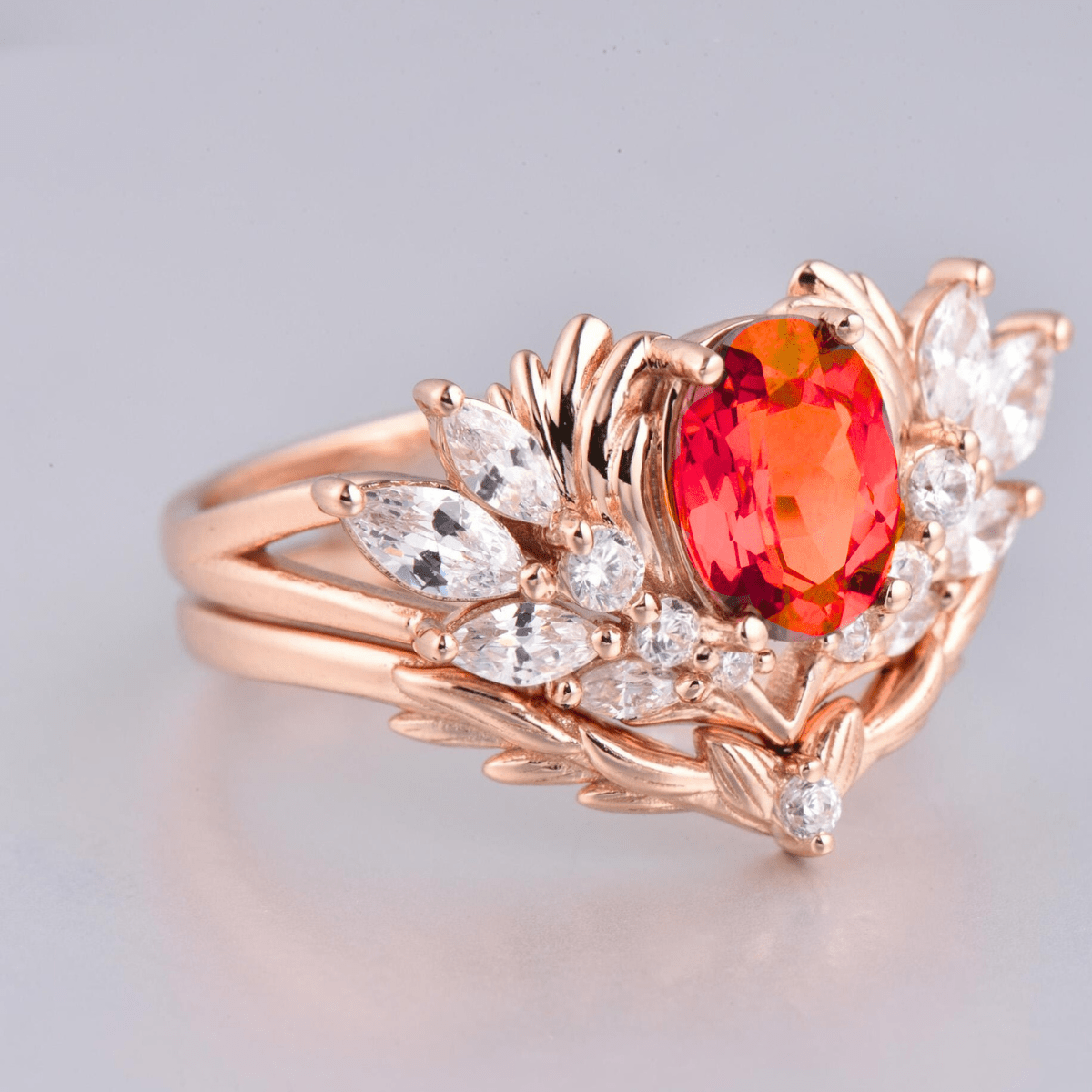 Leaves Angel Wing Ring Band Red Garnet Couple Rings Cluster Ring Nature Inspired Leaf Engagement Ring Set for Women Twig Wedding - anerjuly