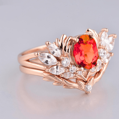 Leaves Angel Wing Ring Band Red Garnet Couple Rings Cluster Ring Nature Inspired Leaf Engagement Ring Set for Women Twig Wedding - anerjuly