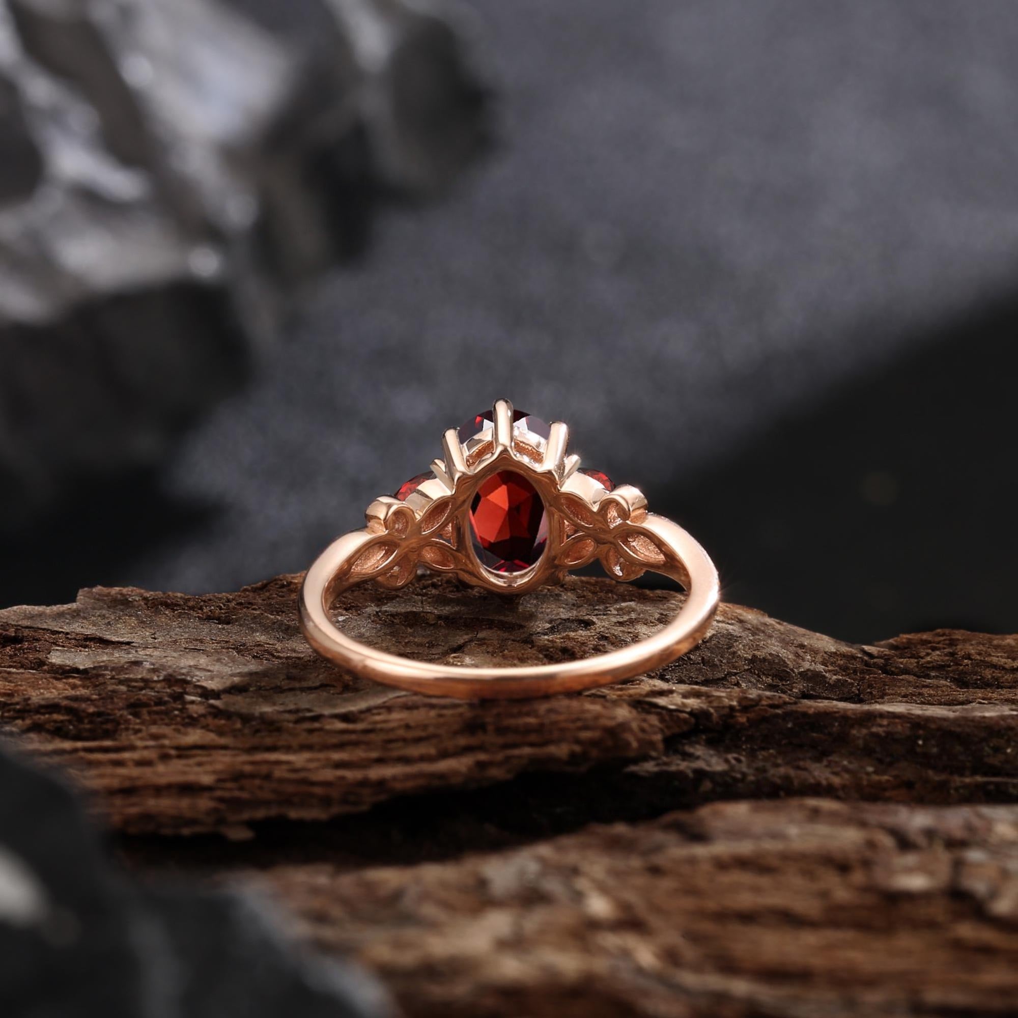 Leaves Angel Wing Ring Band Red Garnet Couple Rings Cluster Ring Nature Inspired Leaf Engagement Ring Set for Women Twig Wedding - anerjuly