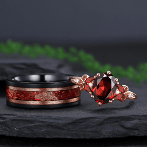 Leaves Angel Wing Ring Band Red Garnet Couple Rings Cluster Ring Nature Inspired Leaf Engagement Ring Set for Women Twig Wedding - anerjuly