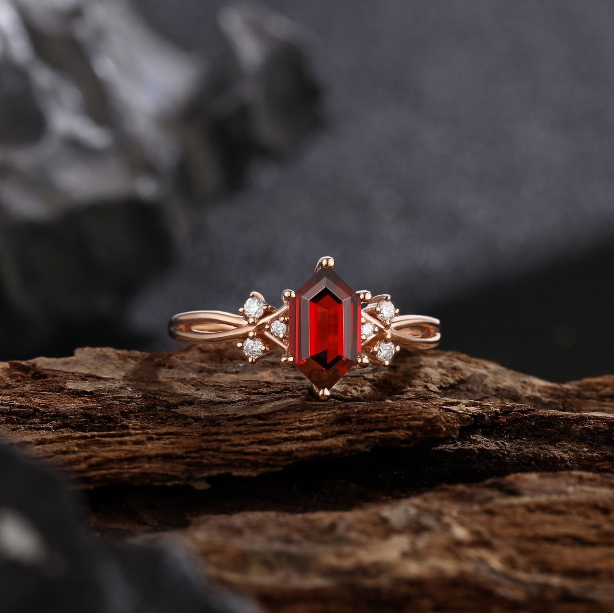 Long Hexagon Natural Red Garnet Engagement Ring Promise Ring - anerjuly