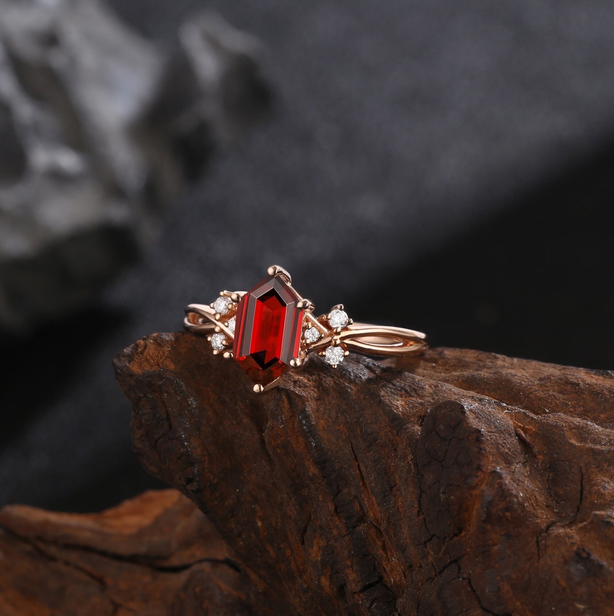 Long Hexagon Natural Red Garnet Engagement Ring Promise Ring - anerjuly