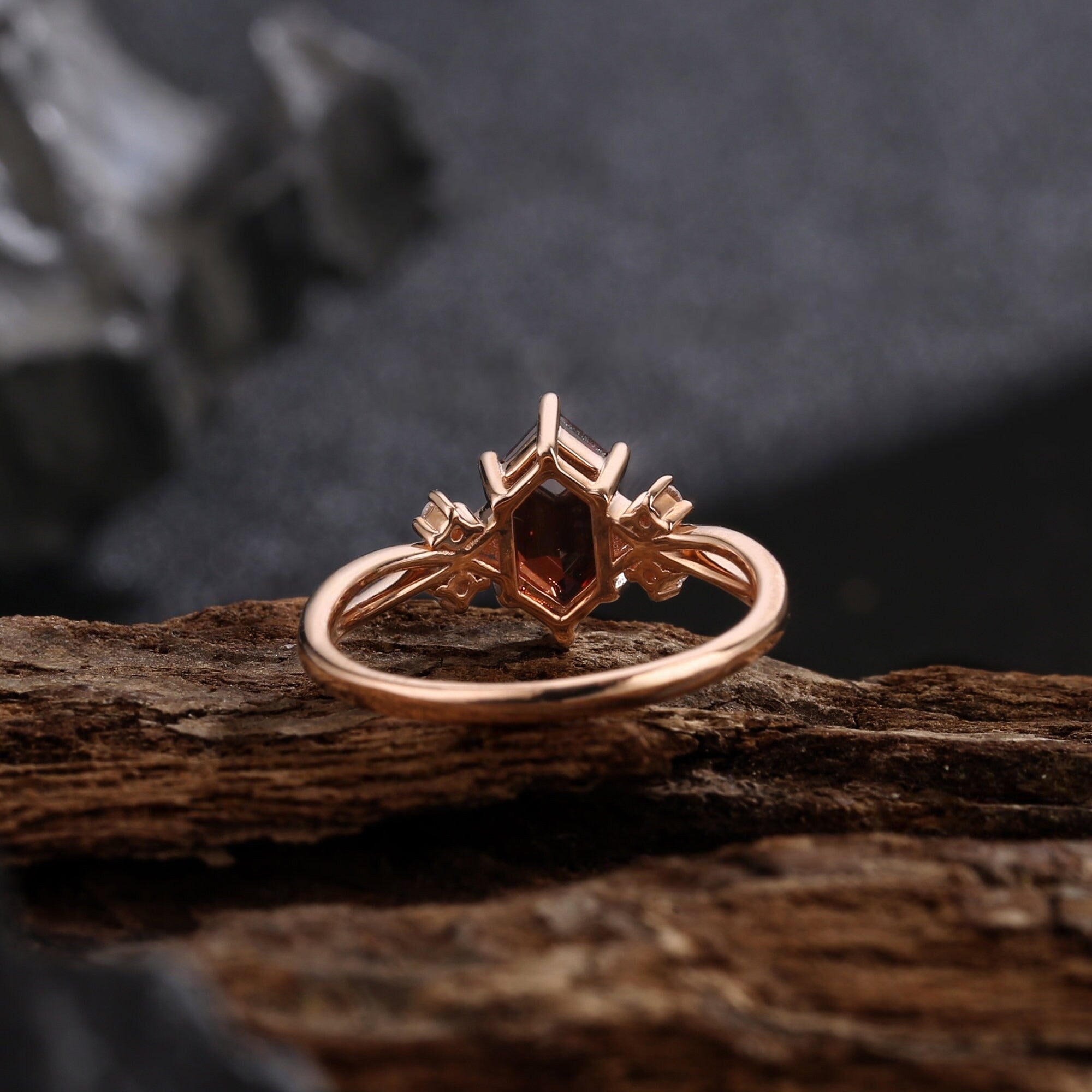 Long Hexagon Natural Red Garnet Engagement Ring Promise Ring - anerjuly