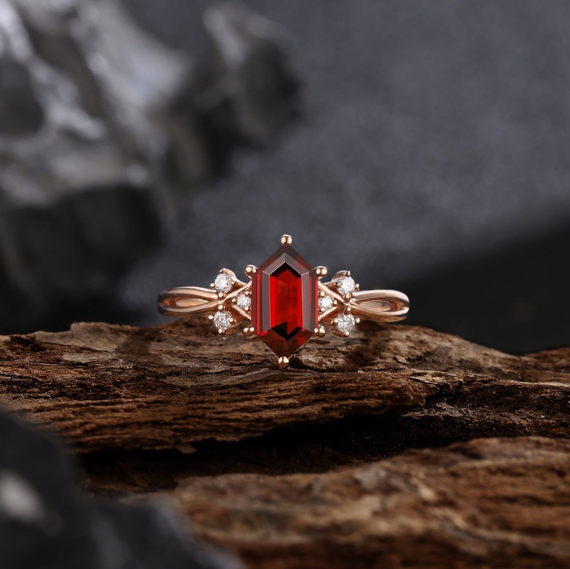 Long Hexagon Natural Red Garnet Engagement Ring Promise Ring - anerjuly