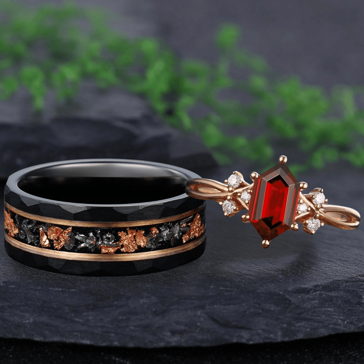 Long Hexagon Red Garnet Couple Rings Cluster Ring Nature Inspired Leaf Engagement Ring Set - anerjuly