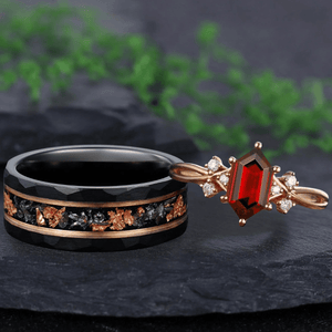 Long Hexagon Red Garnet Couple Rings Cluster Ring Nature Inspired Leaf Engagement Ring Set - anerjuly