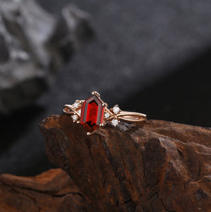 Long Hexagon Red Garnet Couple Rings Cluster Ring Nature Inspired Leaf Engagement Ring Set - anerjuly