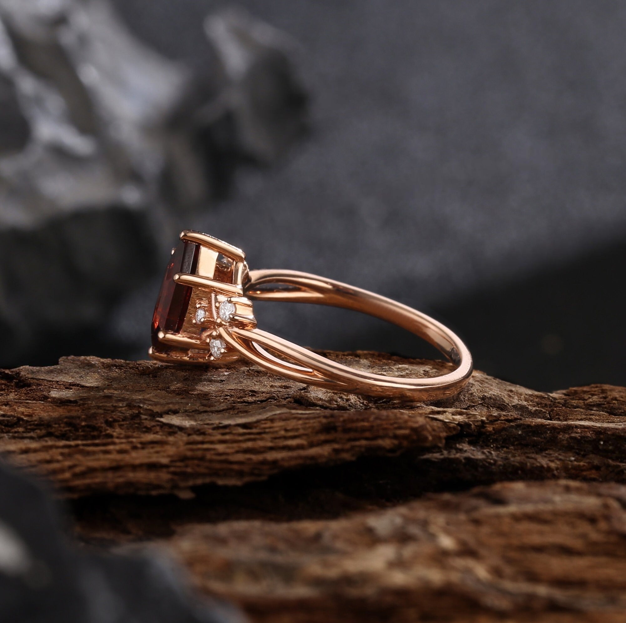 Long Hexagon Red Garnet Couple Rings Cluster Ring Nature Inspired Leaf Engagement Ring Set - anerjuly