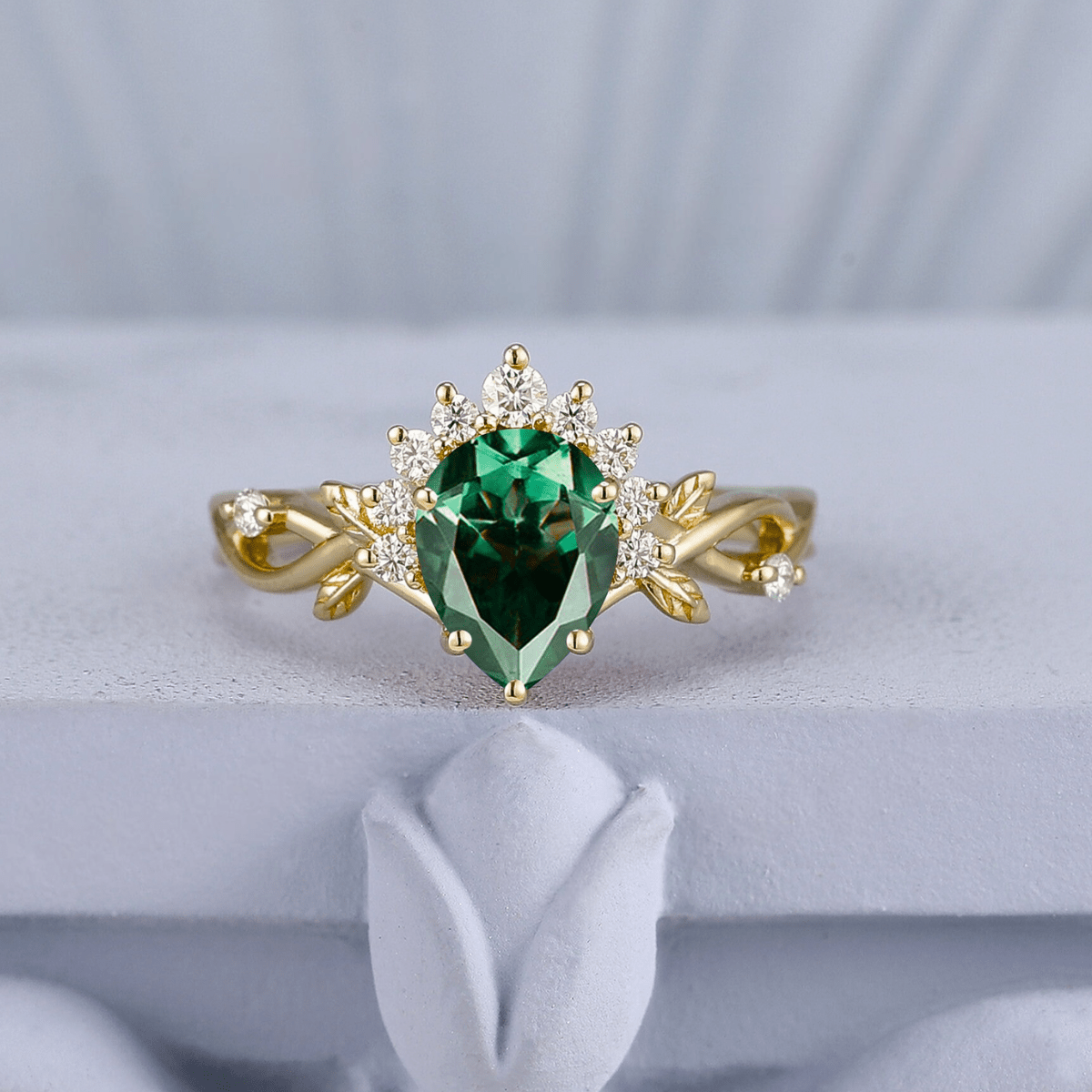 Luxurious Green Emerald Pear Cut Ring & Gold Green Opal Tungsten Unique His and Hers Rings Couple Ring Set - anerjuly