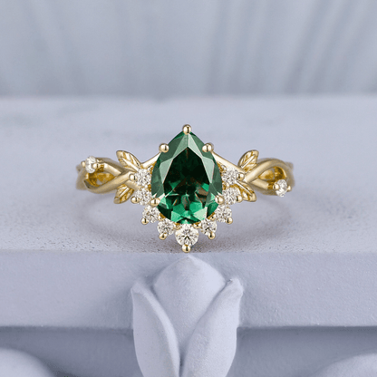 Luxurious Green Emerald Pear Cut Ring & Gold Green Opal Tungsten Unique His and Hers Rings Couple Ring Set - anerjuly