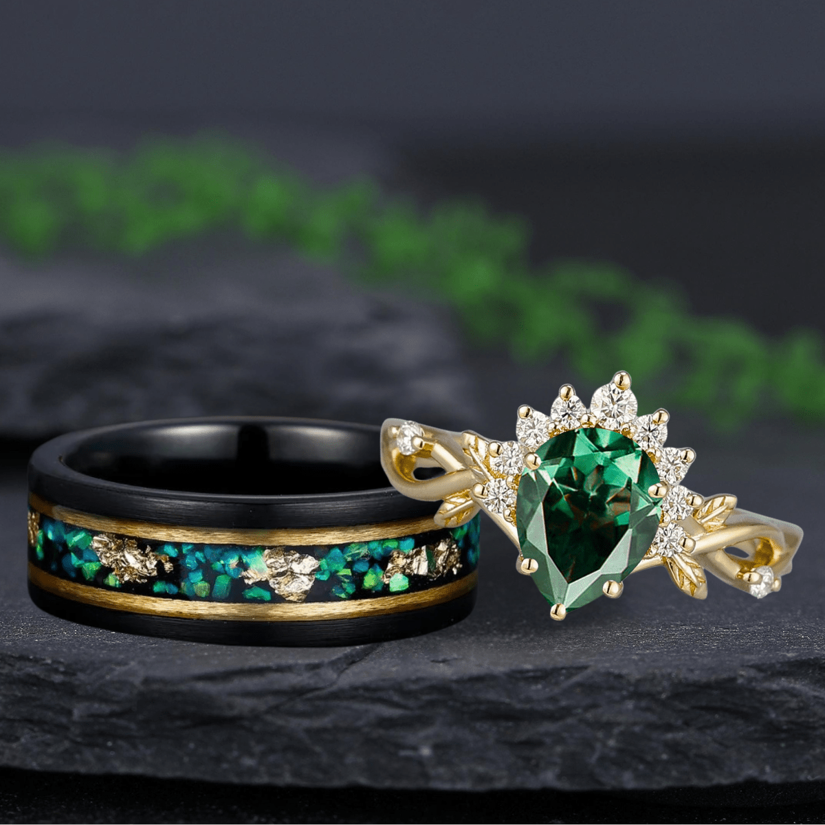 Luxurious Green Emerald Pear Cut Ring & Gold Green Opal Tungsten Unique His and Hers Rings Couple Ring Set - anerjuly