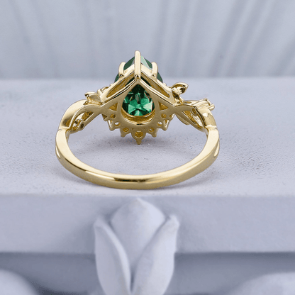 Luxurious Green Emerald Pear Cut Ring & Gold Green Opal Tungsten Unique His and Hers Rings Couple Ring Set - anerjuly