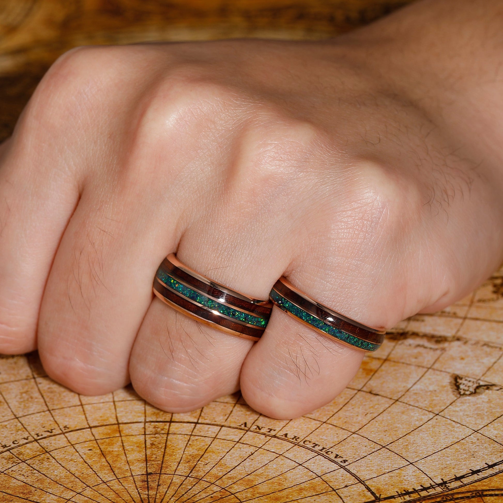 Malachite Koa Wood Tungsten Rings Whiskey Barrel Matching Rings Couple Rings Set - anerjuly