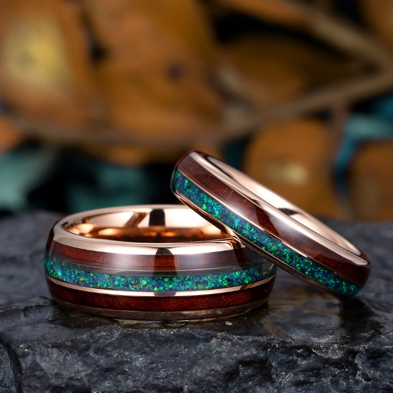 Malachite Koa Wood Tungsten Rings Whiskey Barrel Matching Rings Couple Rings Set - anerjuly