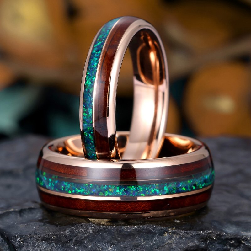 Malachite Koa Wood Tungsten Rings Whiskey Barrel Matching Rings Couple Rings Set - anerjuly