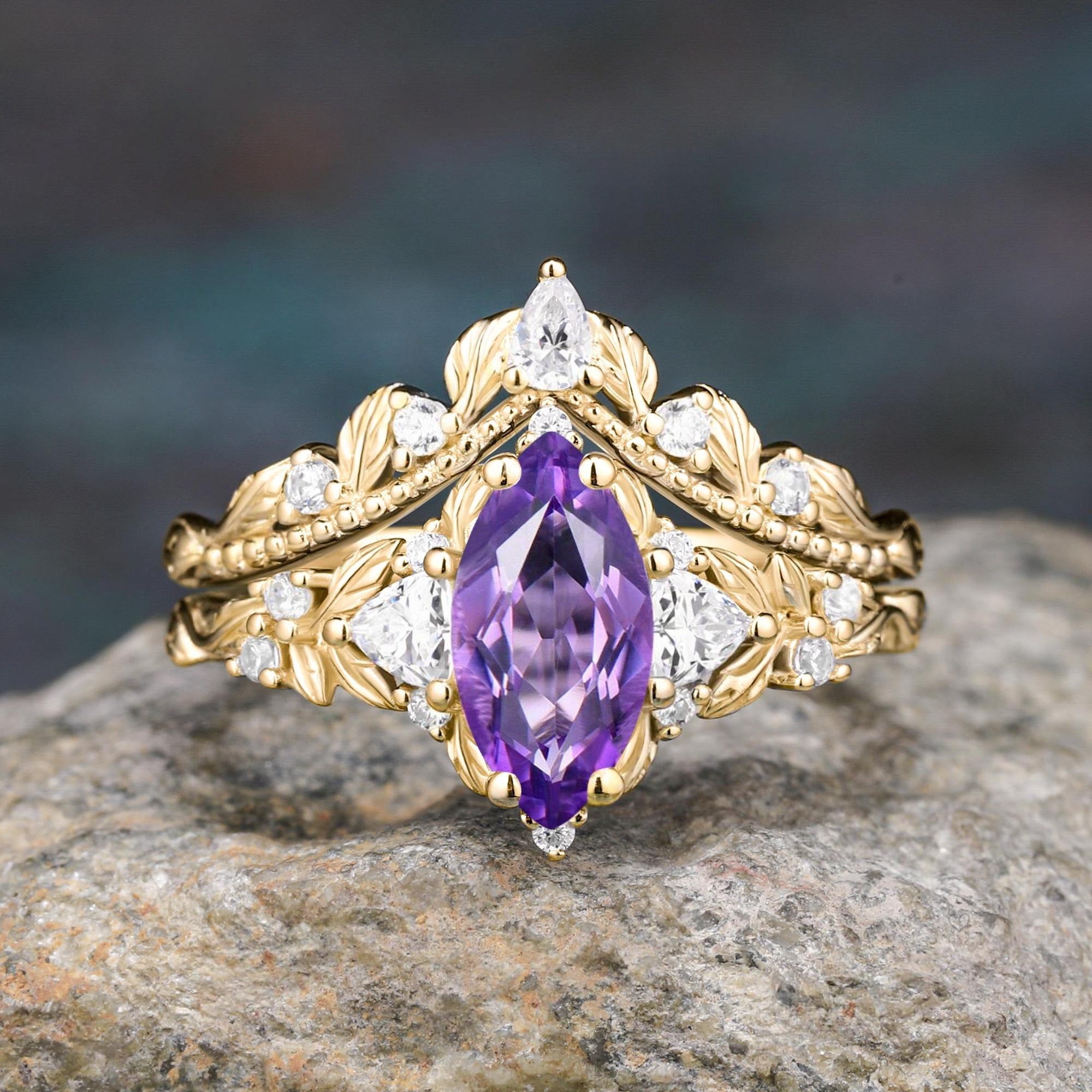 Marquise Cut Amethyst Gold Vine Couple Rings Gold His & Her Matching Couple Rings - anerjuly