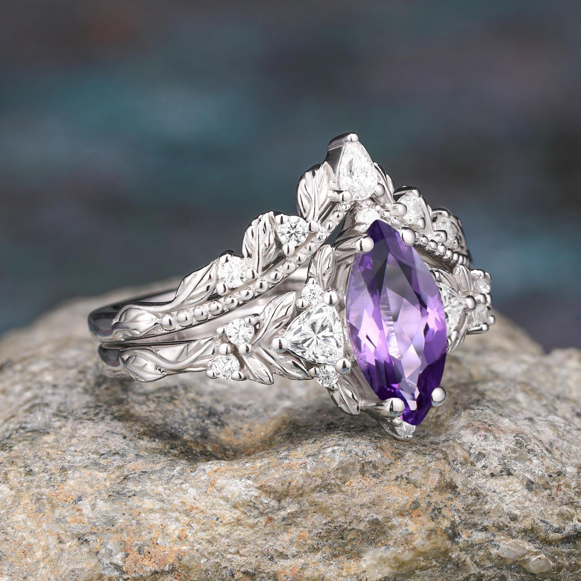 Marquise Cut Amethyst Gold Vine Couple Rings Gold His & Her Matching Couple Rings - anerjuly