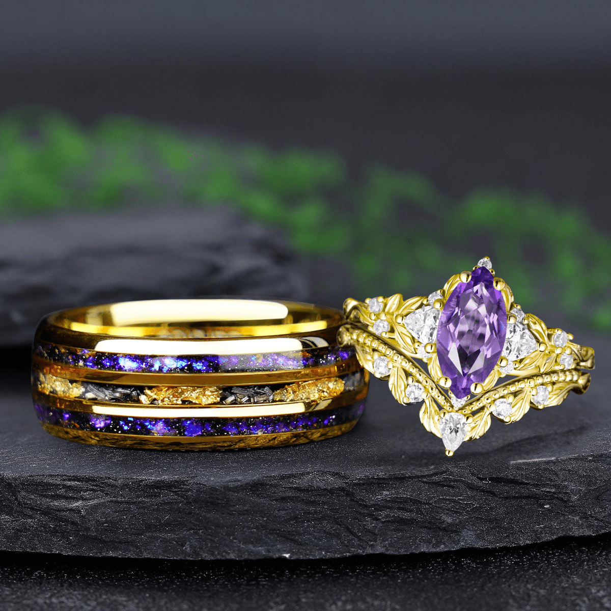 Marquise Cut Amethyst Gold Vine Couple Rings Gold His & Her Matching Couple Rings - anerjuly