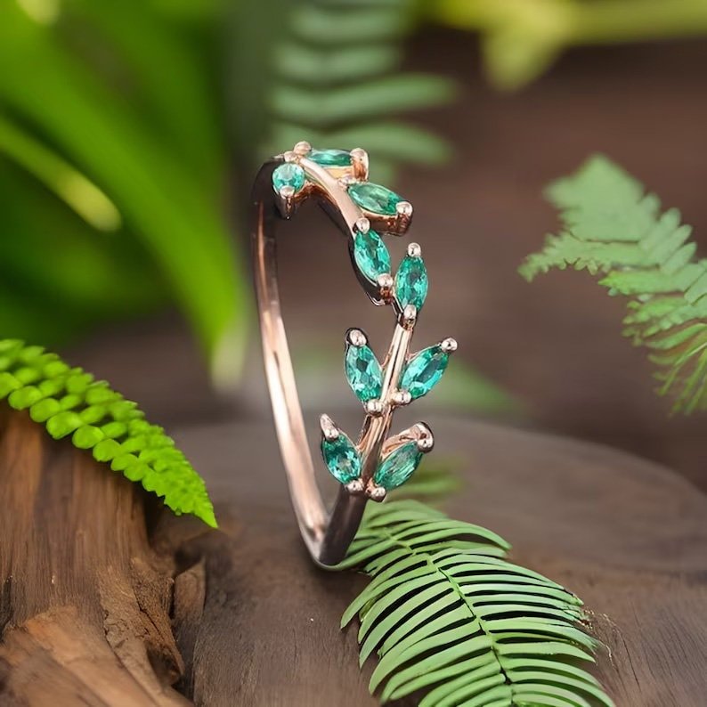 Marquise emerald wedding band Emerald Engagement Unique Floral Emerald Wedding Ring - anerjuly