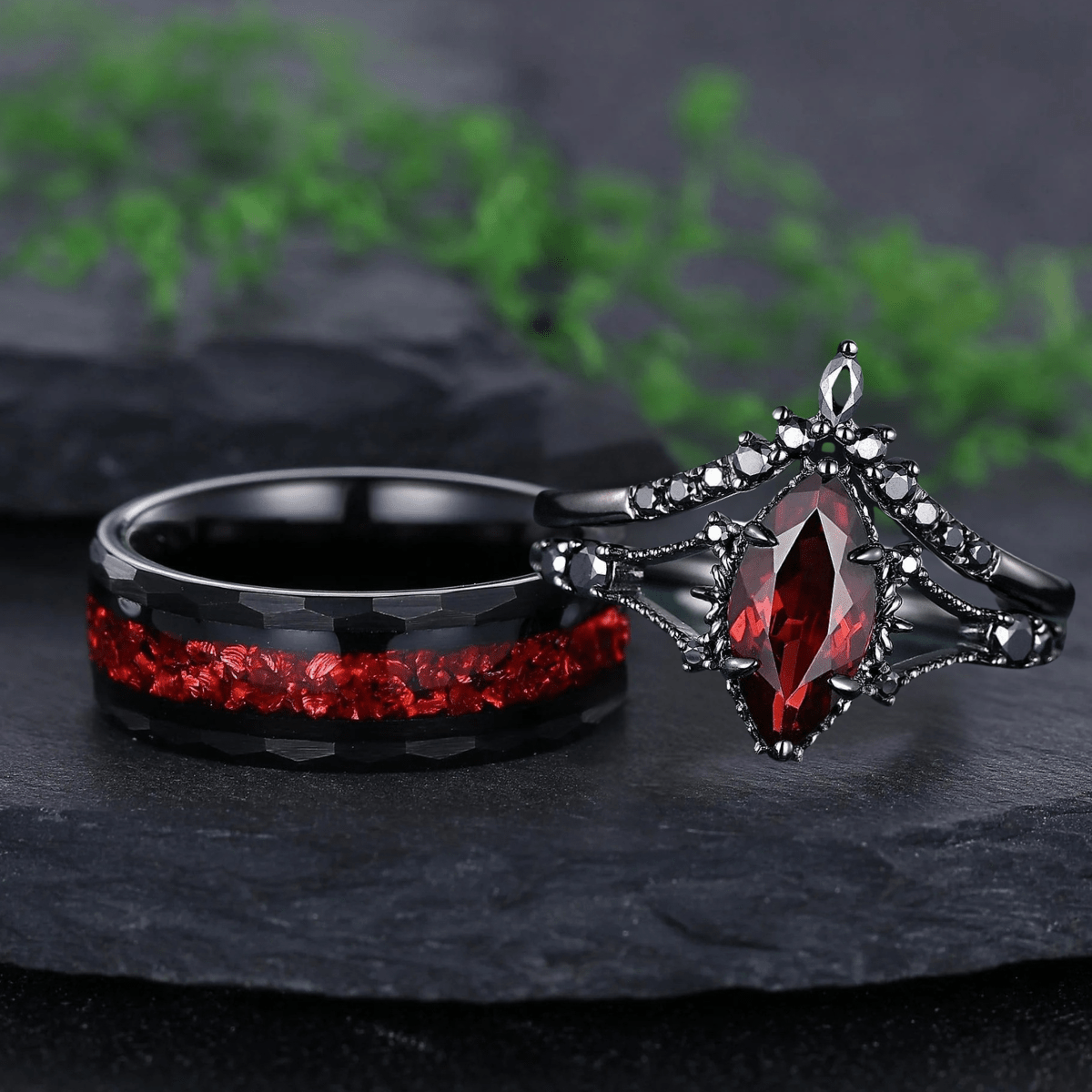 Marquise Red Couples Ring Set Garnet Engagement Ring Set Black Gold Couple Rings Tungsten Wedding Band Promise Ring for Her - anerjuly