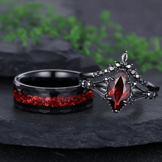 Marquise Red Couples Ring Set Garnet Engagement Ring Set Black Gold Couple Rings Tungsten Wedding Band Promise Ring for Her - anerjuly