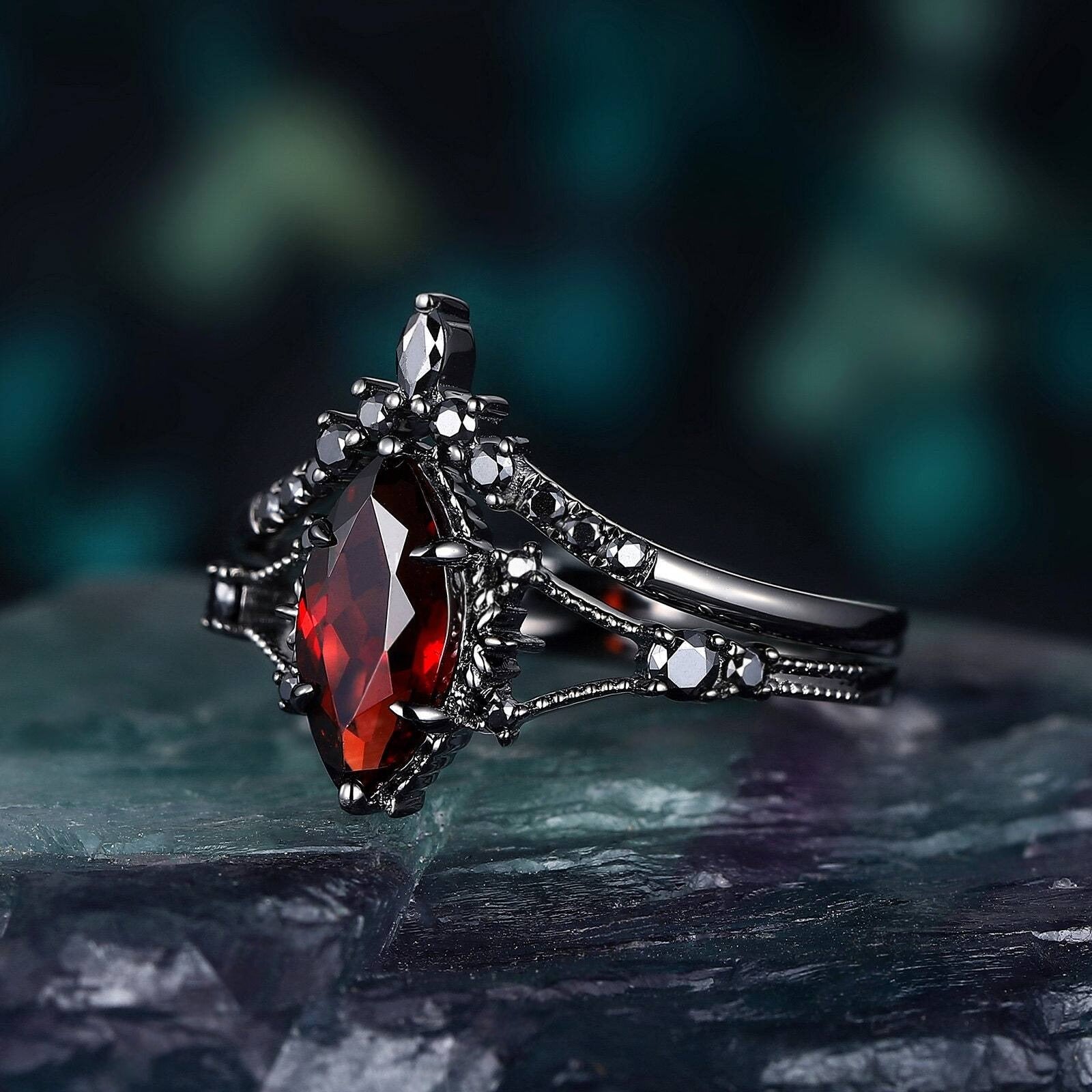 Marquise Red Couples Ring Set Garnet Engagement Ring Set Black Gold Couple Rings Tungsten Wedding Band Promise Ring for Her - anerjuly