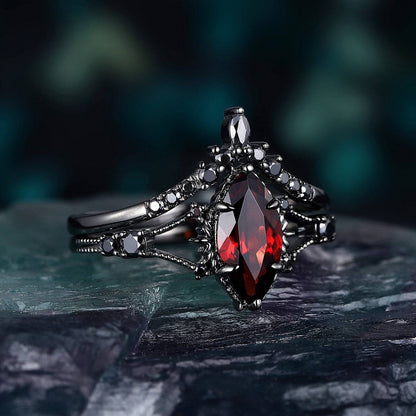 Marquise Red Couples Ring Set Garnet Engagement Ring Set Black Gold Couple Rings Tungsten Wedding Band Promise Ring for Her - anerjuly