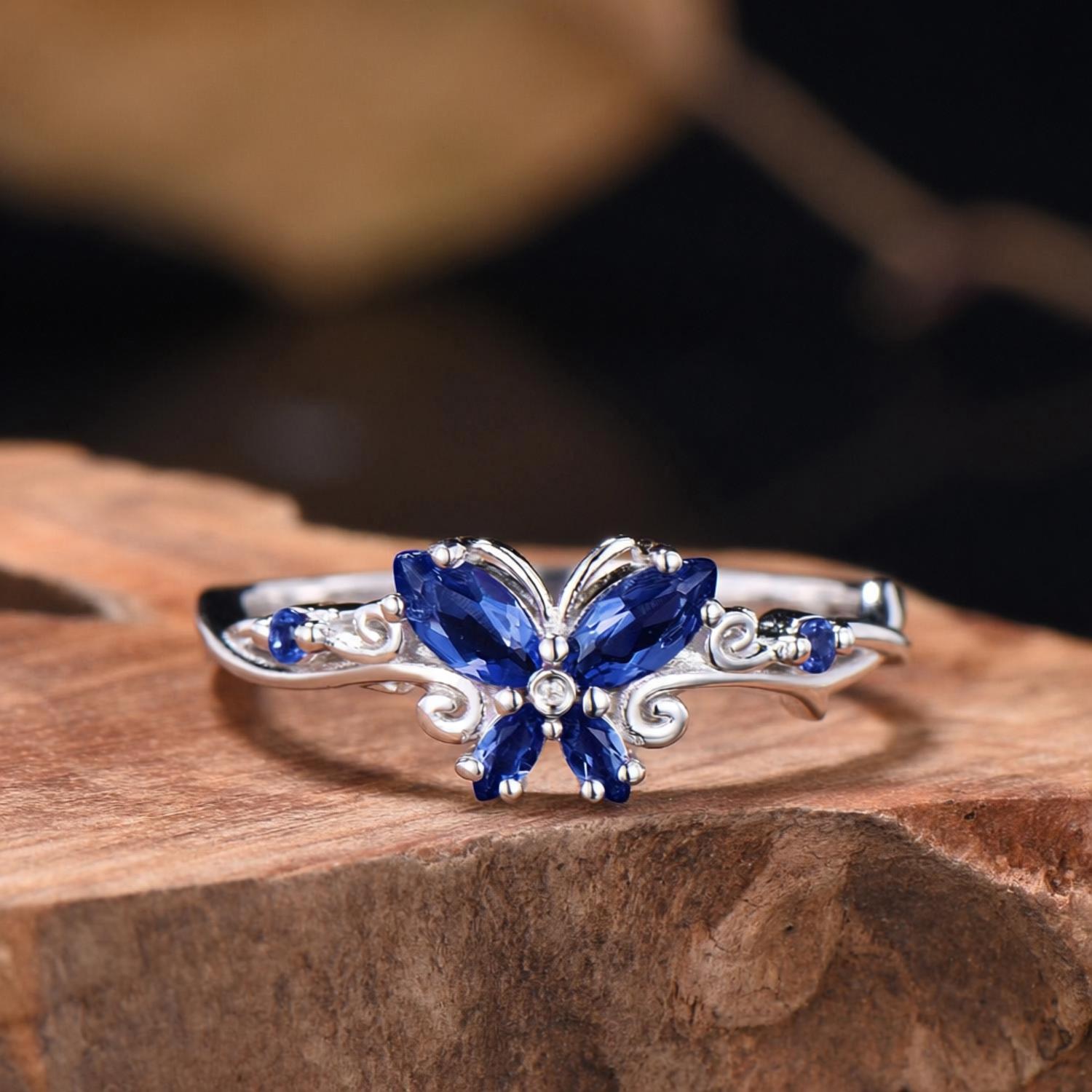 Marquise Sapphire Butterfly Ring Natural Inspired Leaf Ring - anerjuly