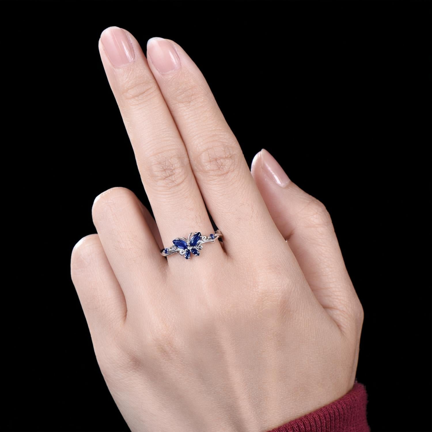 Marquise Sapphire Butterfly Ring Natural Inspired Leaf Ring - anerjuly
