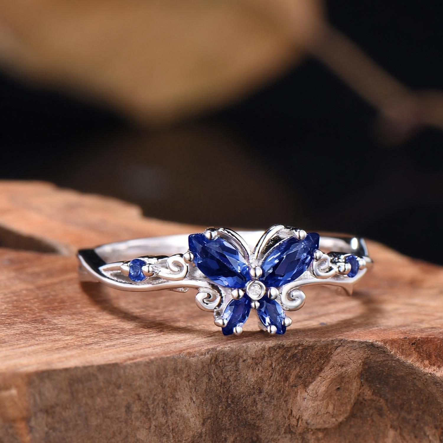 Marquise Sapphire Butterfly Ring Natural Inspired Leaf Ring - anerjuly