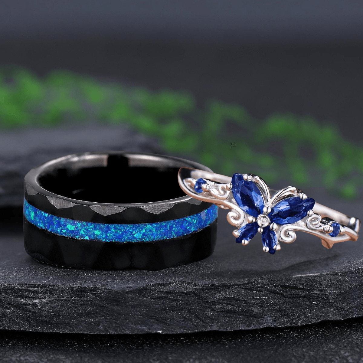 Marquise Sapphire Butterfly Tungsten Meteorite Opal Men's Band Nature Vine Blue Couples Rings - anerjuly