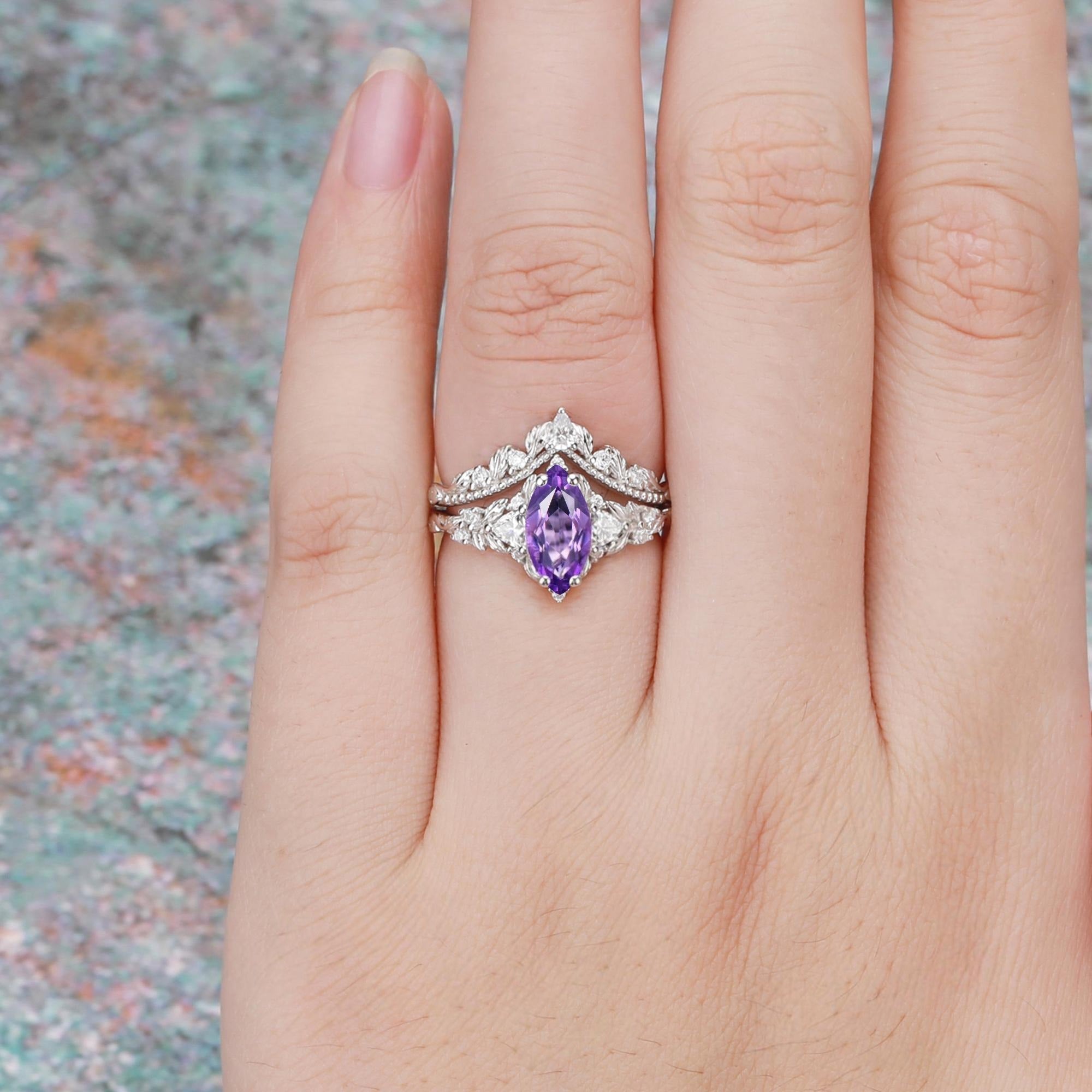 Marquise shape natural amethyst engagement ring Nature inspired leaf ring set - anerjuly