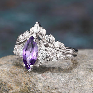Marquise shape natural amethyst engagement ring Nature inspired leaf ring set - anerjuly